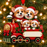 Personalized Resin Corgi Family of 4 Christmas Train Ornament, WS6293-4, shown in a Christmas setting with blank personalization areas.