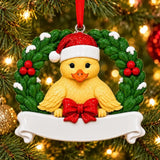 Personalized Resin Duckling Holly Wreath Christmas Ornament, WS6295-1, shown in a Christmas setting with blank personalization areas.
