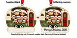 Personalized Resin Family of 9 Christmas Camper Ornament, WS6303-9, supplied blank beside a personalized lettering example.
