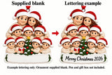 Personalized Resin Family of 9 Christmas Tree Ornament, WS6299-9, supplied blank beside a personalized lettering example.