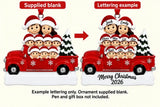 Personalized Resin Family of 9 Red Pickup Truck Christmas Ornament, WS6296-9, supplied blank beside a personalized lettering example.