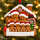 Personalized Resin Gingerbread Family of 6 Christmas House Ornament, WS6302-6, shown in a Christmas setting with blank personalization areas.