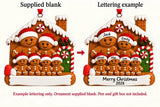 Personalized Resin Gingerbread Family of 6 Christmas House Ornament, WS6302-6, supplied blank beside a personalized lettering example.