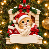 Personalized Resin Orange Kitten Fireplace Christmas Ornament, WS6292-1, shown in a Christmas setting with blank personalization areas.