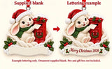 Personalized Resin Rabbit and Red Postbox Christmas Ornament, WS6294-1, supplied blank beside a personalized lettering example.
