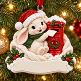 Personalized Resin Rabbit and Red Postbox Christmas Ornament, WS6294-1, shown in a Christmas setting with blank personalization areas.