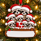 Personalized Resin Raccoon Family of 8 Christmas Log Ornament, WS6298-8, shown in a Christmas setting with blank personalization areas.