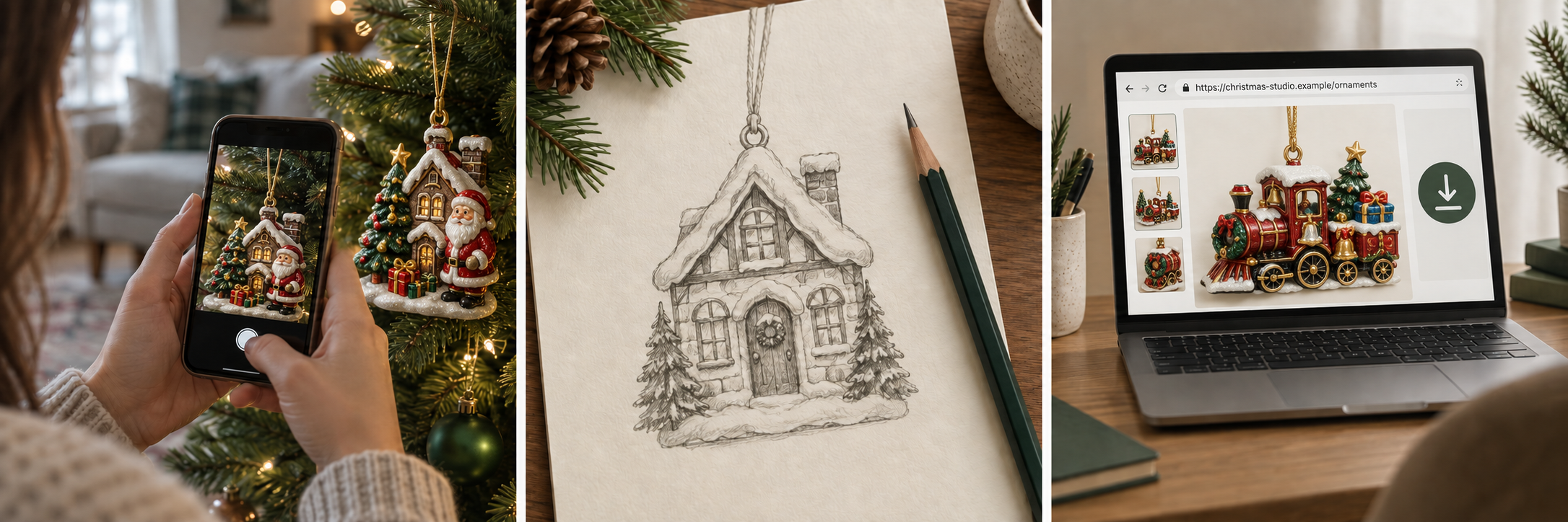 Design reference examples: photographing a festive ornament, drawing a cottage and viewing a Christmas train online