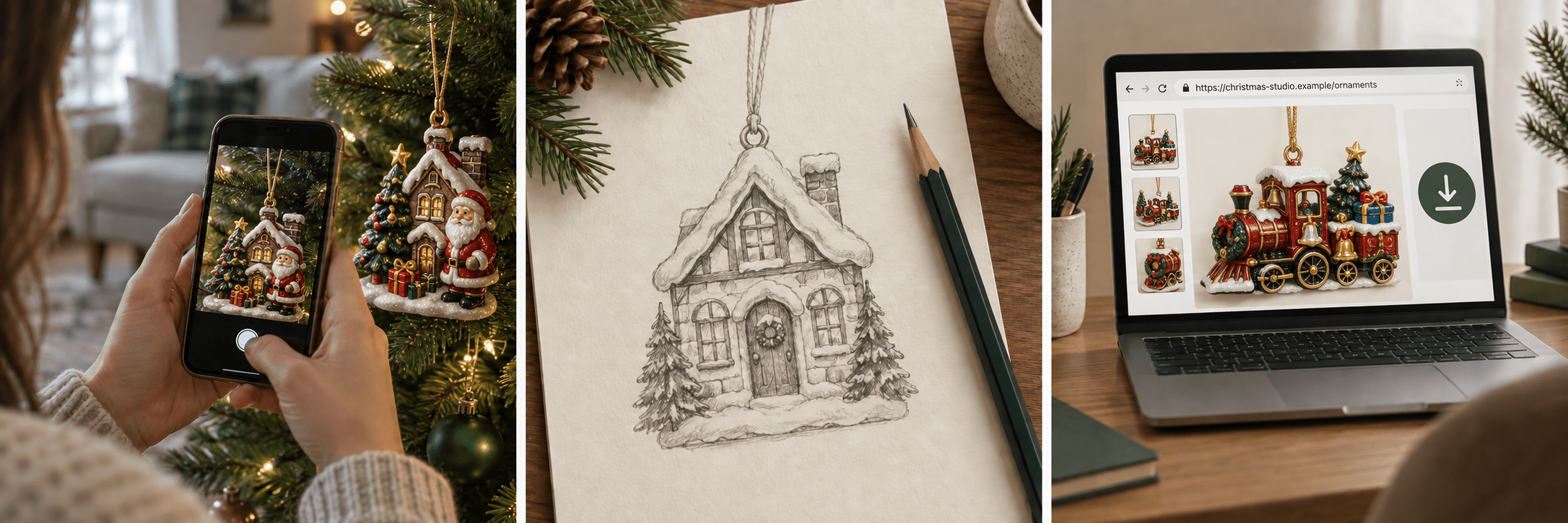 Design reference examples: photographing a festive ornament, drawing a cottage and viewing a Christmas train online