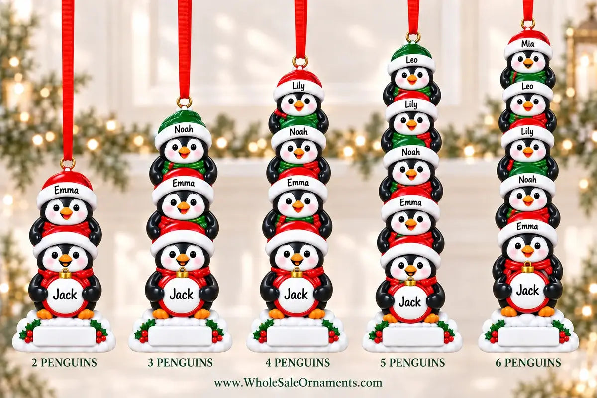 Stacked penguin family resin Christmas ornaments in 2, 3, 4, 5 and 6 character designs, shown with example names