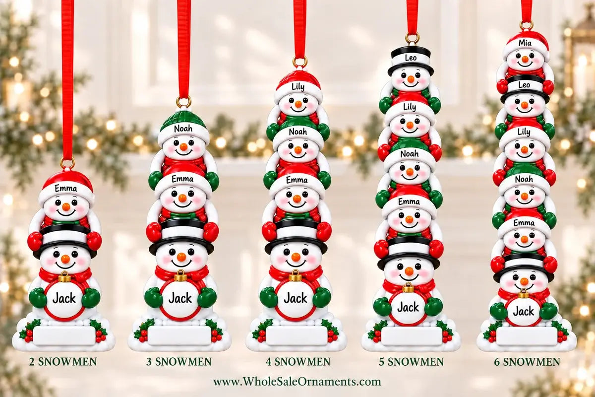 Stacked snowman family resin Christmas ornaments in 2, 3, 4, 5 and 6 snowman designs, shown with example names on white hat brims and baubles