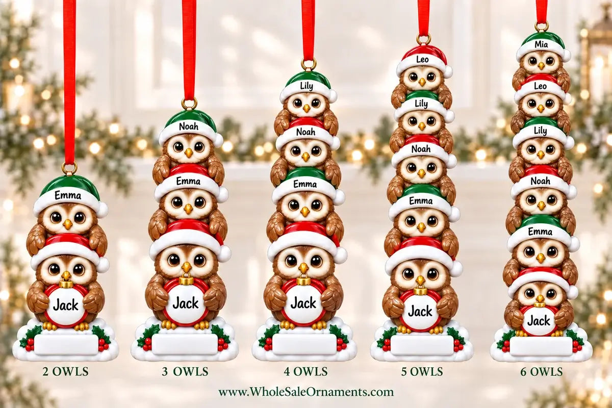 Stacked owls family resin Christmas ornament collection in 2, 3, 4, 5 and 6 character designs, with example names on white hat bands and baubles