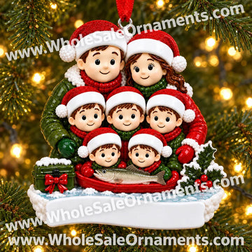 Family of seven ice fishing with fish, red boat, green tackle box and blank plaque, hanging on a Christmas tree with warm lights