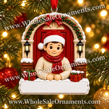 Christmas Welcome at the Front Door Ornament with blank writing areas, hanging on a Christmas tree with warm golden lights