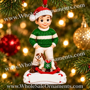 Child with a Christmas Rocking Horse Ornament with blank writing areas, hanging on a Christmas tree with warm golden lights