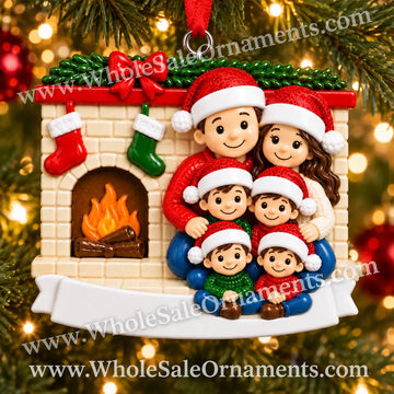 Family of 6 beside a Christmas Fireplace Ornament with blank writing areas, hanging on a Christmas tree with warm golden lights