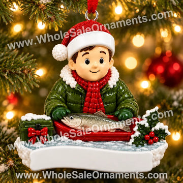 Ice Fishing Angler Christmas Ornament with blank writing areas, hanging on a Christmas tree with warm golden lights