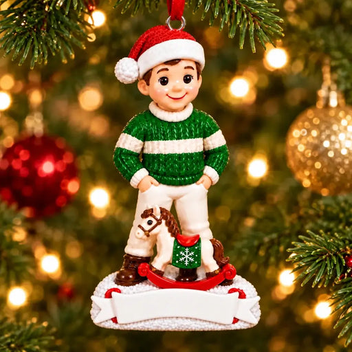 Personalized Resin Child with a Christmas Rocking Horse Ornament, WS6308-1, shown in a Christmas setting with blank personalization areas.