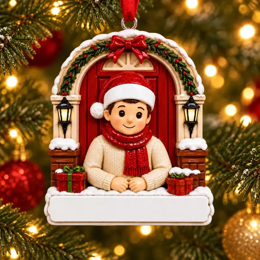 Personalized Resin Christmas Welcome at the Front Door Ornament, WS6306-1, shown in a Christmas setting with blank personalization areas.