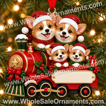 Four corgis on a red and green Christmas train ornament with a blank name plaque, hanging on a Christmas tree
