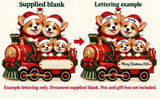 Personalized Resin Corgi Family of 4 Christmas Train Ornament, WS6293-4, supplied blank beside a personalized lettering example.