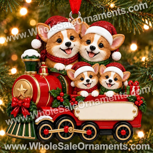 Personalized Resin Corgi Family of 4 Christmas Train Ornament, WS6293-4, shown in a Christmas setting with blank personalization areas.