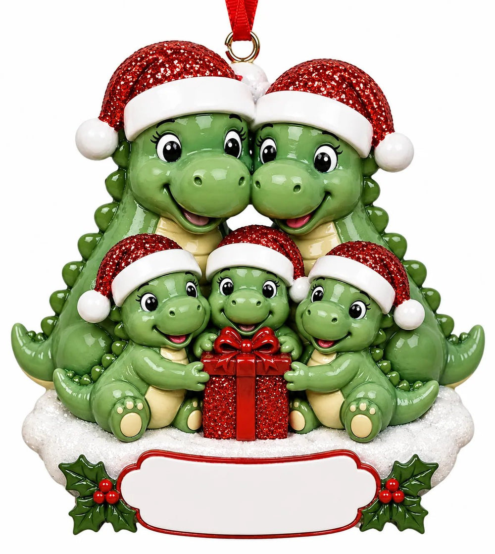 Dinosaur Family with a Christmas Gift Christmas Ornament - WholesaleOrnaments