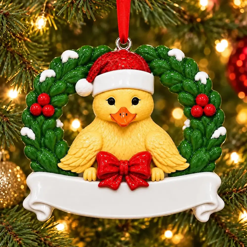 Personalized Resin Duckling Holly Wreath Christmas Ornament, WS6295-1, shown in a Christmas setting with blank personalization areas.
