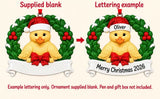 Personalized Resin Duckling Holly Wreath Christmas Ornament, WS6295-1, supplied blank beside a personalized lettering example.