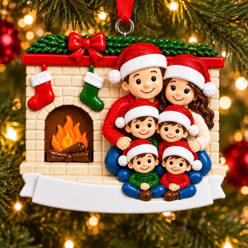 Personalized Resin Family of 6 beside a Christmas Fireplace Ornament, WS6310-6, shown in a Christmas setting with blank personalization areas.