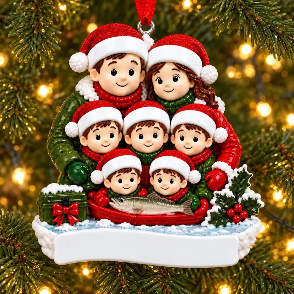 Personalized Resin Family of 7 Ice Fishing Christmas Ornament, WS6300-7, shown in a Christmas setting with blank personalization areas.