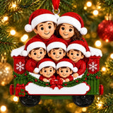 Personalized Resin Family of 7 in a Red Christmas Train Car Ornament, WS6305-7, shown in a Christmas setting with blank personalization areas.