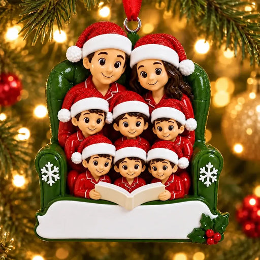 Personalized Resin Family of 8 Reading in a Christmas Armchair Ornament, WS6304-8, shown in a Christmas setting with blank personalization areas.