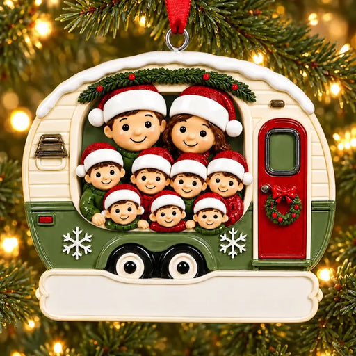 Personalized Resin Family of 9 Christmas Camper Ornament, WS6303-9, shown in a Christmas setting with blank personalization areas.