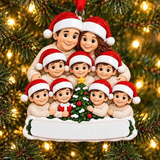 Personalized Resin Family of 9 Christmas Tree Ornament, WS6299-9, shown in a Christmas setting with blank personalization areas.