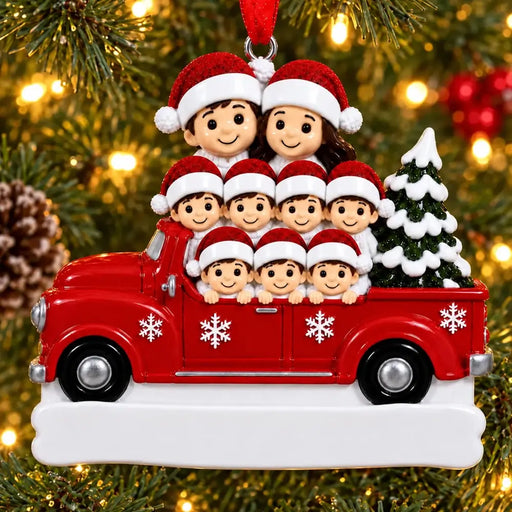 Personalized Resin Family of 9 Red Pickup Truck Christmas Ornament, WS6296-9, shown in a Christmas setting with blank personalization areas.