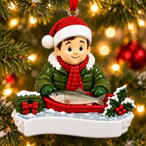 Personalized Resin Ice Fishing Angler Christmas Ornament, WS6311-1, shown in a Christmas setting with blank personalization areas.