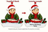 Personalized Resin Ice Fishing Angler Christmas Ornament, WS6311-1, supplied blank beside a personalized lettering example.