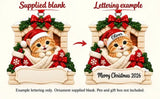 Personalized Resin Orange Kitten Fireplace Christmas Ornament, WS6292-1, supplied blank beside a personalized lettering example.