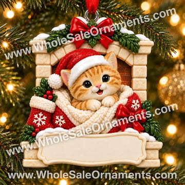 Orange kitten Christmas ornament in a red stocking beneath a cream fireplace arch, hanging on a Christmas tree with a blank name plaque