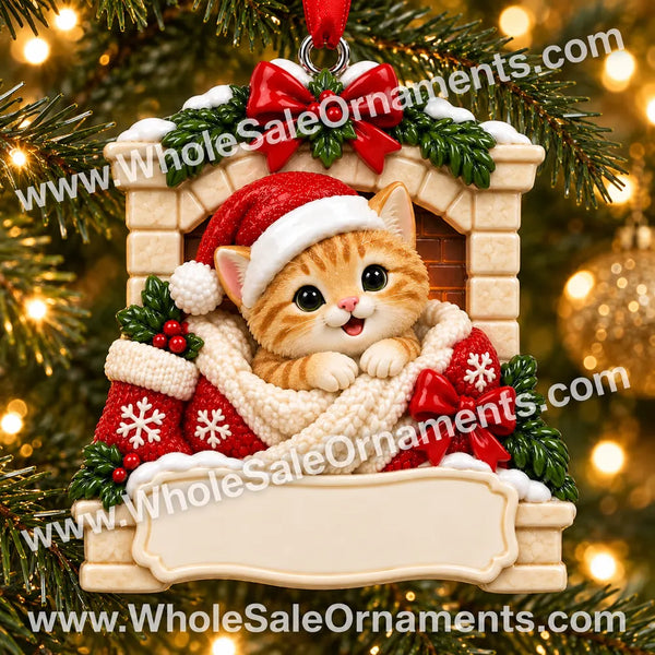 Orange kitten Christmas ornament in a red stocking beneath a cream fireplace arch, hanging on a Christmas tree with a blank name plaque