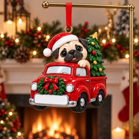Personalized Pug Dog Christmas Truck Resin Ornament | WS6322 - WholesaleOrnaments