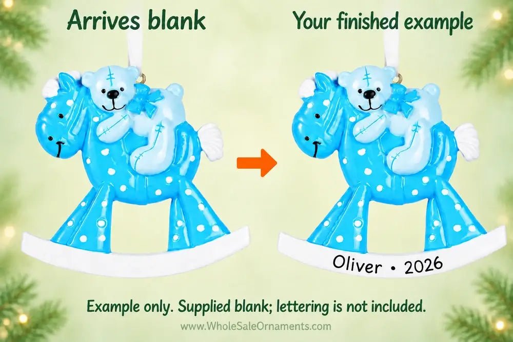 Personalized Resin Bear on Rocking Horse Baby Ornament, Custom Name | WS6147 - WholesaleOrnaments