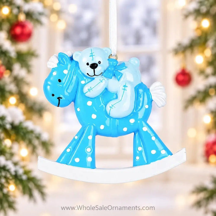 Personalized Resin Bear on Rocking Horse Baby Ornament, Custom Name | WS6147 - WholesaleOrnaments