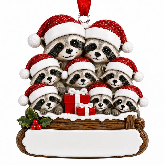 Personalized Resin Raccoon Family of 8 Christmas Log Ornament | WS6298-8 - WholesaleOrnaments