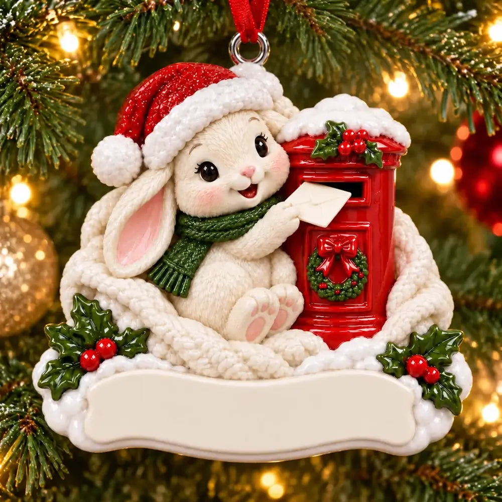 Personalized Resin Rabbit and Red Postbox Christmas Ornament, WS6294-1, shown in a Christmas setting with blank personalization areas.