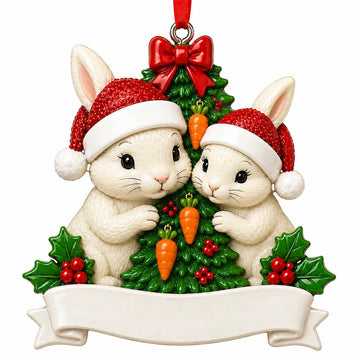 Rabbit Couple with a Christmas Tree Christmas ornament with a blank personalization plaque