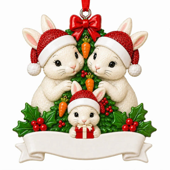 Rabbit Family of 3 with a Christmas Tree Christmas Ornament - WholesaleOrnaments