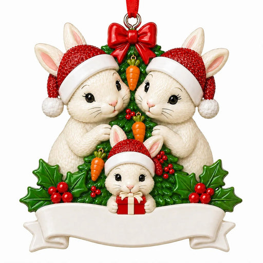 Rabbit Family of 3 with a Christmas Tree Christmas Ornament - WholesaleOrnaments