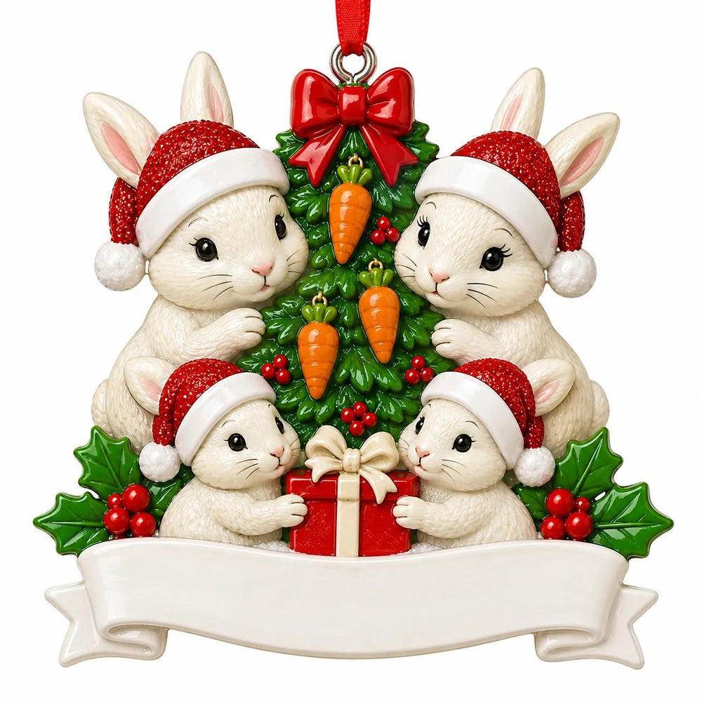 Rabbit Family of 4 with a Christmas Tree Christmas Ornament - WholesaleOrnaments